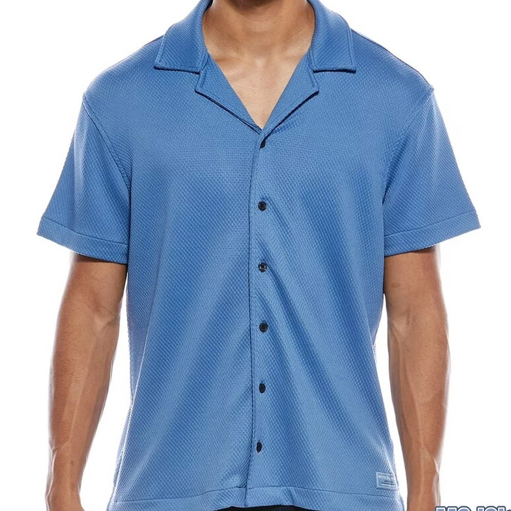 Scotch & Soda Popcorn Jersey Camp Shirt Men’s Blue Textured Button-Up